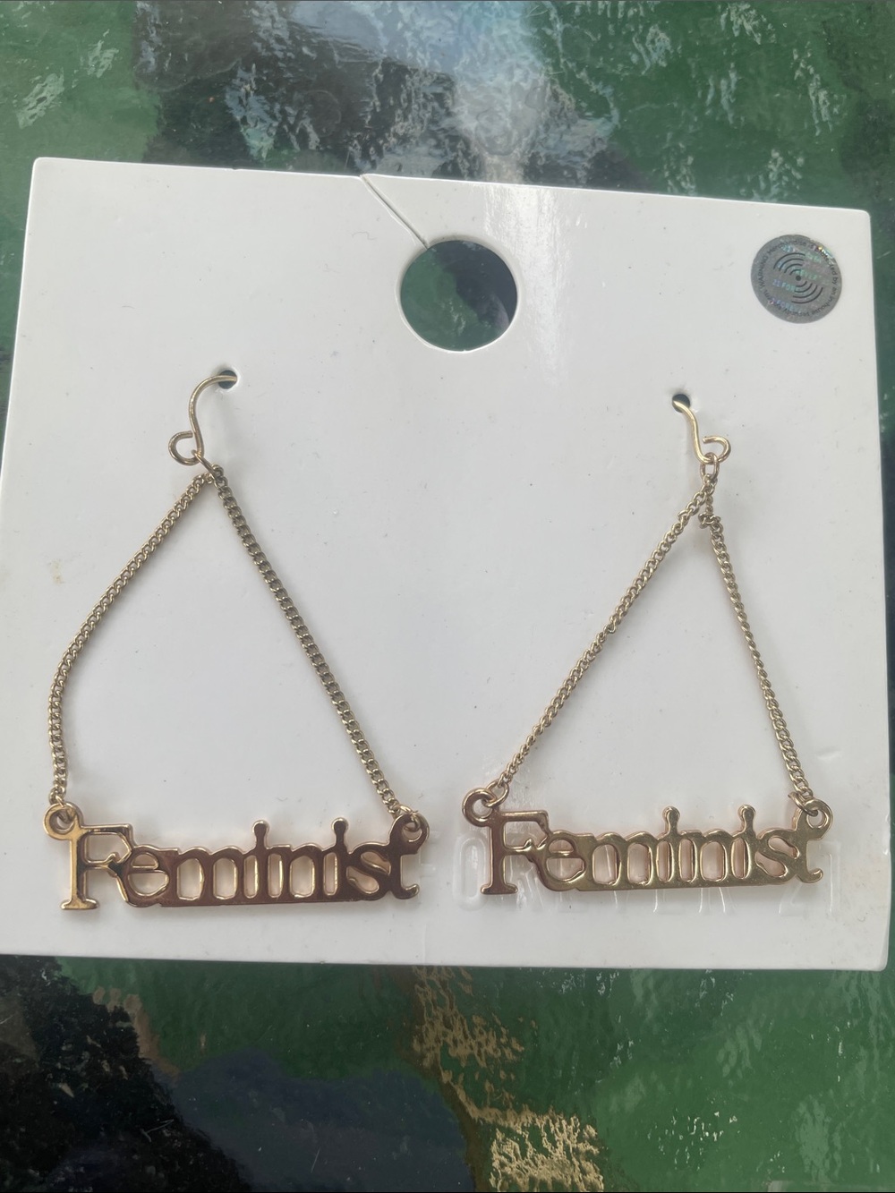 Feminist Script Dangle Earrings - Gold Tone